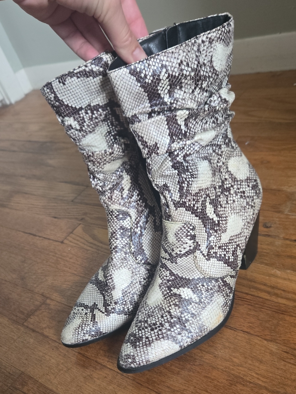 Snake-Print Pointed Toe Mid-Calf Heeled Boots - Cream/Brown